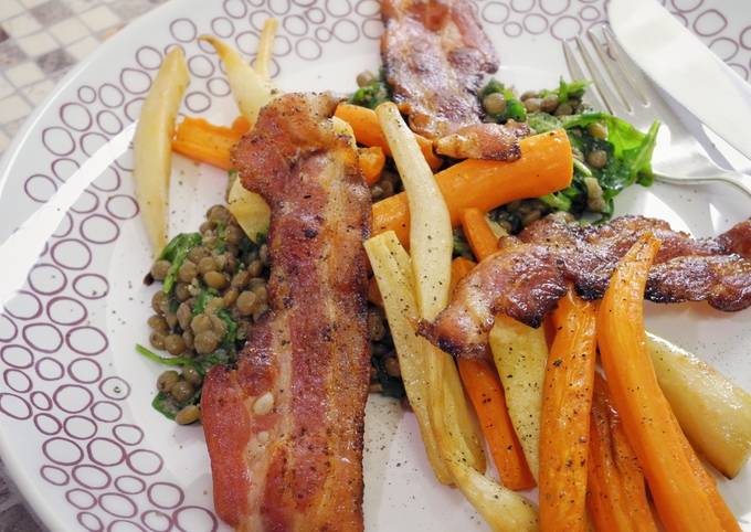 Warm salad with parsley roots, lentils and bacon recipe main photo