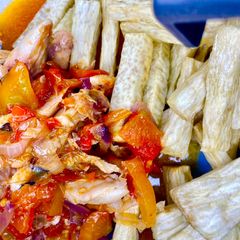 A picture of Yam fries and fish sauce.