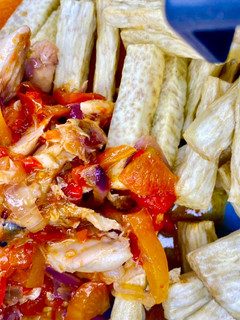 A picture of Yam fries and fish sauce.