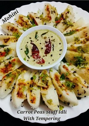 A picture of Carrot green peas stuff idli.