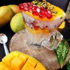 A picture of Aamras Sabudana kheer or Mango - Sago Puding.