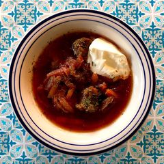 A picture of Borsch/Борщ (beet soup).
