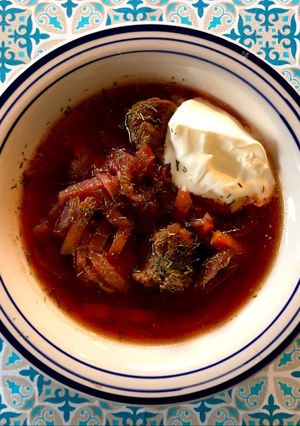 A picture of Borsch/Борщ (beet soup).