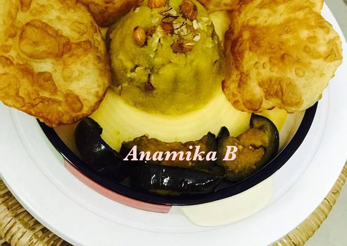 Simple Navratri Thali: Puri, Begun Bhaja & Halwa Recipe