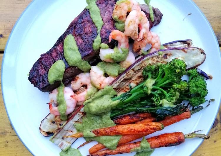 Recipe of Favorite Surf and turf / grilled veg / avocado chimichurri