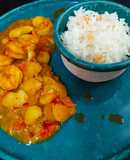 Guiso de langostinos y pallares con arroz blanco