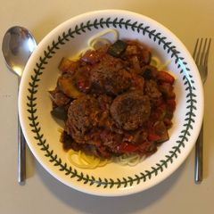A picture of Spaghetti with Venison Meatballs and Ratatouille.