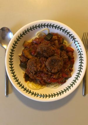 A picture of Spaghetti with Venison Meatballs and Ratatouille.