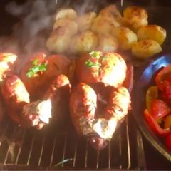 A picture of Whole Roasted Chicken With Potatoes and vegetables:.