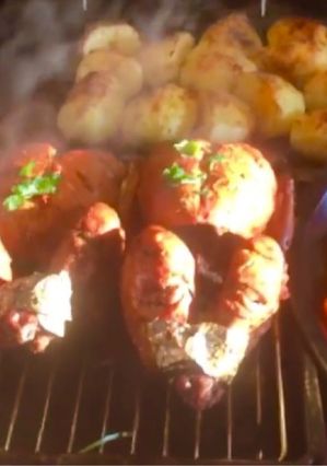 A picture of Whole Roasted Chicken With Potatoes and vegetables:.