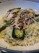 Chargrilled summer vegetable risotto with lemon and herb chicken