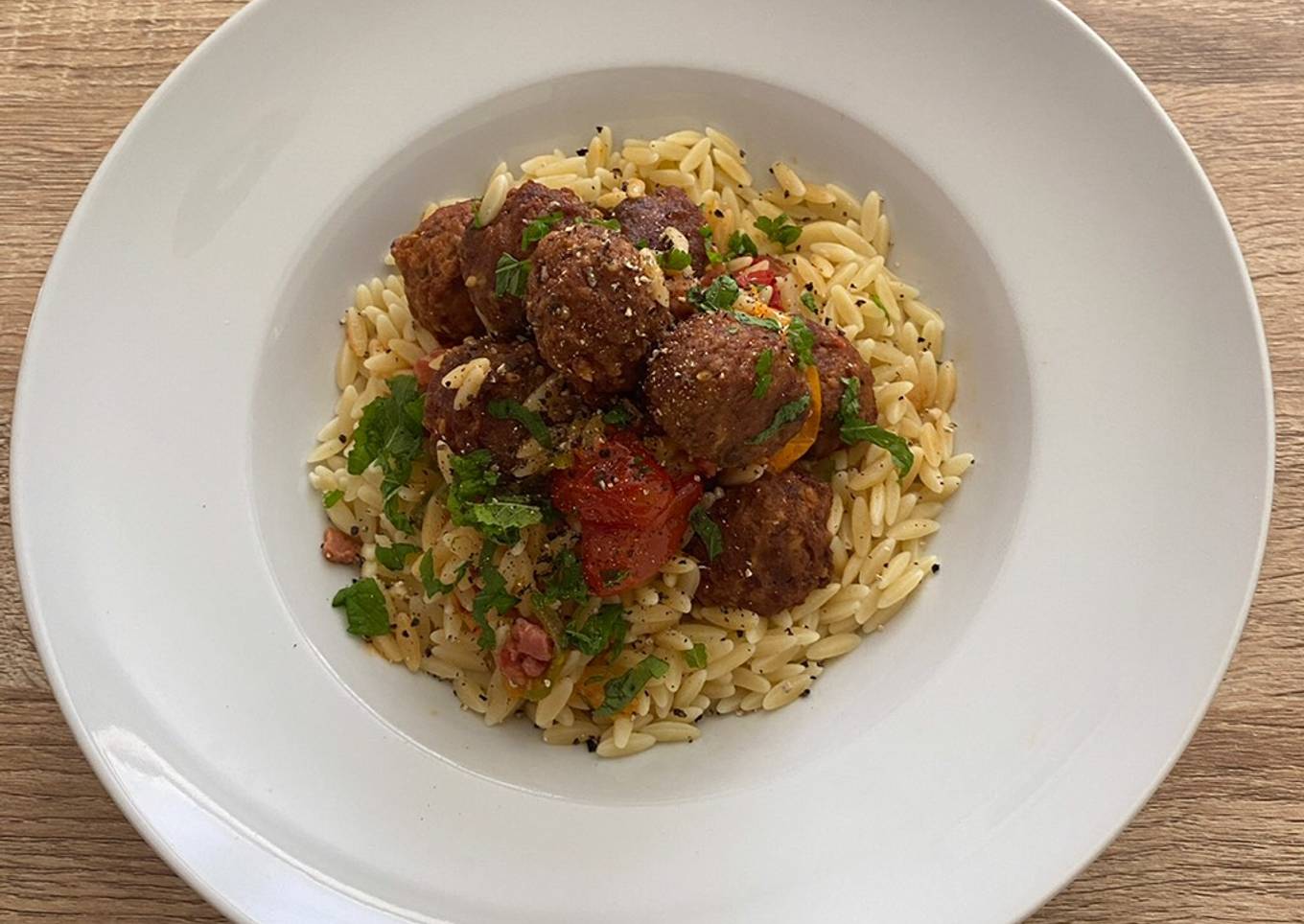 Italian meatballs with orzo pasta and chilli