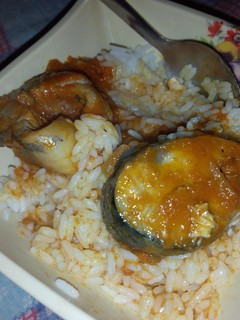 A picture of White rice and stew with fish.