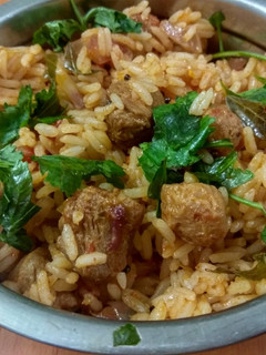 A picture of Soya 65 fried rice.