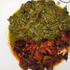 A picture of Fried beef with Kienyeji.
