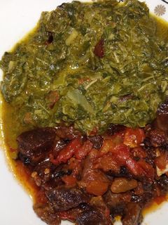 A picture of Fried beef with Kienyeji.