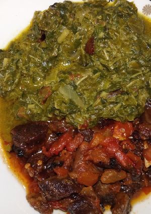 A picture of Fried beef with Kienyeji.