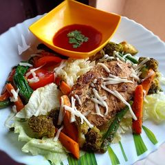 Pan Seared Chicken Breast with Saute Vegetables A picture of Pan Seared Chicken Breast with Saute Vegetables.