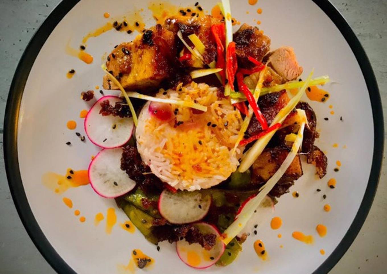 Sticky and Spicy Pork Belly with Lemon, Thyme and Red Onion Basmati Rice
