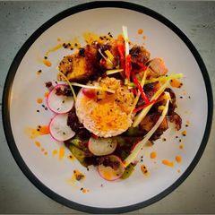 A picture of Sticky and Spicy Pork Belly with Lemon, Thyme and Red Onion Basmati Rice.
