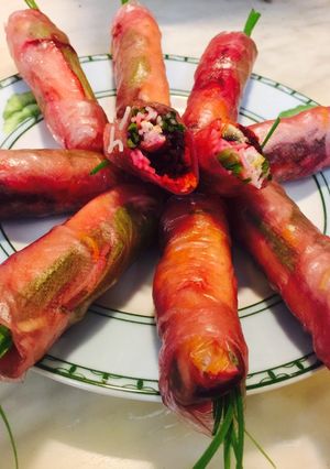 A picture of Brown Rice Paper Beet Spring Rolls.