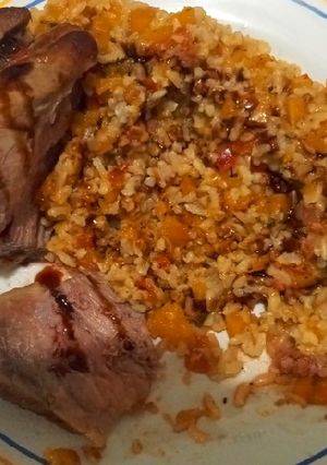 Una foto de Roast beef con salsa agridulce y arroz integral