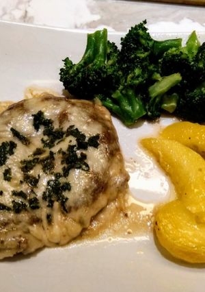 A picture of Baked Pan-Seared Pork Chop with Seasonal Vegetables (Low-Carb Keto Meal).