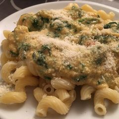 A picture of Pasta with spinach sauce.