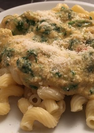 A picture of Pasta with spinach sauce.