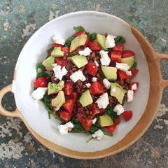 A picture of Beetroot, lentil and goats cheese salad.