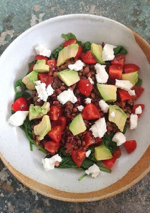 A picture of Beetroot, lentil and goats cheese salad.