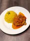 Pollo a la portuguesa con arroz pilaf