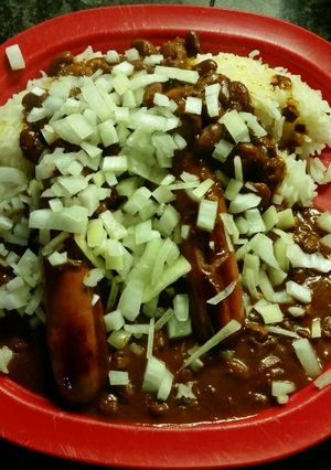 A picture of Hawaiian Chilli Dogs, super easy.