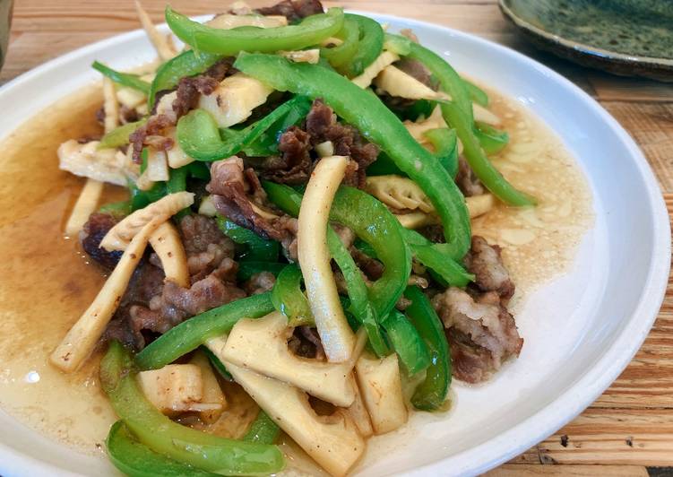 Simple Way to Make Homemade Green pepper, bamboo-shoot and pork stir-fry