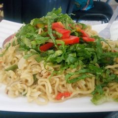 A picture of Noodles with salad.