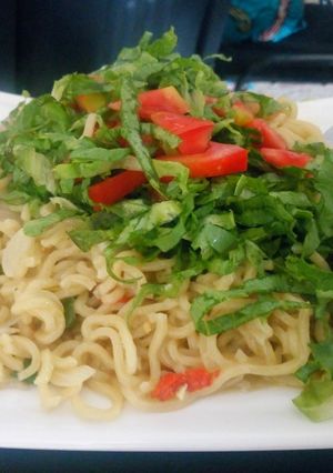 A picture of Noodles with salad.