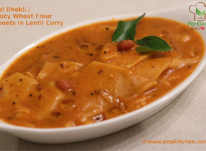 A picture of Dal Dhokli / Spicy Wheat Flour Sheets In Lentil Curry.