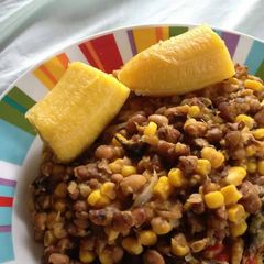 A picture of Porriage beans with corn and boiled plantain.