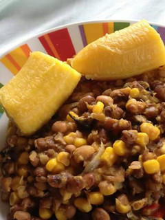 A picture of Porriage beans with corn and boiled plantain.