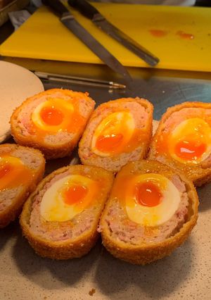 A picture of Maple bacon scotch eggs.