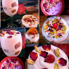 A picture of Gulab Jamun Parfait and Purple Smoothie.
