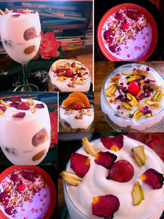 A picture of Gulab Jamun Parfait and Purple Smoothie.