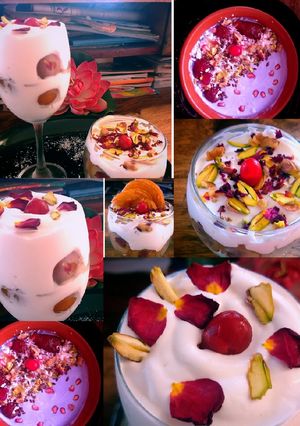 A picture of Gulab Jamun Parfait and Purple Smoothie.