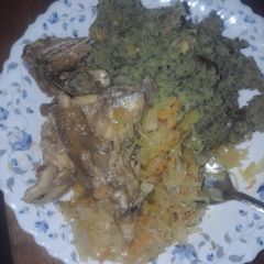 A picture of Mokimo with chicken.