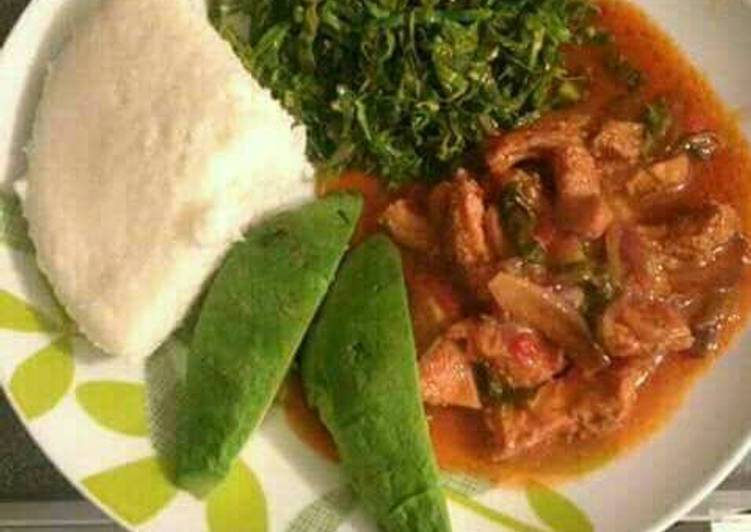 Ugali with beef and. Kales avacado