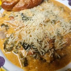 A picture of Brad's collard bean sausage and pumpkin stew.