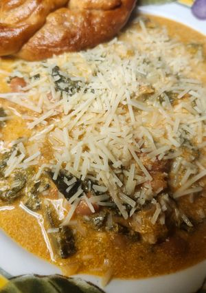 A picture of Brad's collard bean sausage and pumpkin stew.