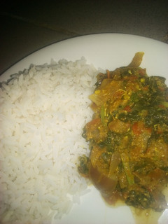 A picture of White rice with spinach and egg sauce.