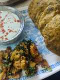 Achari methi Puri with pethe ki sabzi and bathua raita