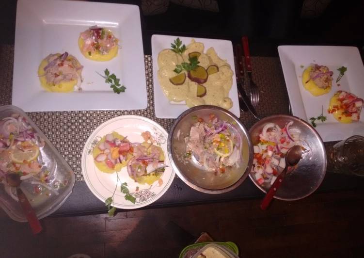 Comida peruana ceviche, causa limeña y papas huancaina